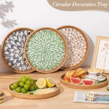 Round Rattan Tray with Mother of Pearl Inlay, Coffee Table Wicker Tray with Wooden Base, Decorative Trays for Home Decor and Display of Coffee Food Fruit Bread Coffee Bread (Green Leaf)