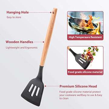Silicone Cooking Utensil Set, ZONGOOL 20 Pcs Non-stick Heat Resistant Silicone Kitchen Utensil Set, BPA Free Spatula Cookware with Wooden Handle, Non-Toxic Kitchen Gadgets Tools Gift(Black)
