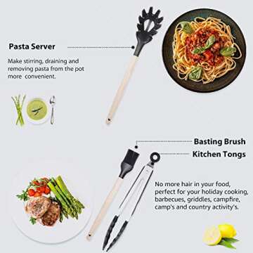 Silicone Cooking Utensil Set, ZONGOOL 20 Pcs Non-stick Heat Resistant Silicone Kitchen Utensil Set, BPA Free Spatula Cookware with Wooden Handle, Non-Toxic Kitchen Gadgets Tools Gift(Black)