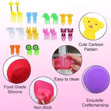 ABSOK 60 Pcs Silicone Lunch Box Dividers bento box accessories Silicone Cupcake Liners,Bento Lunch Box Dividers with Food Picks for Lunch Containers