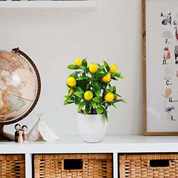 MISNODE 2 PCS Artificial Mini Potted Lemon Tree, 9.6 inch Artificial Fruit Lemon Tree Bonsai, Potted Plants Fake Lemon Tree in Pots for Table Office Bathroom Shop Party Home Decor