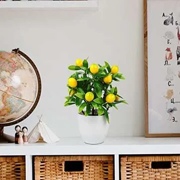 MISNODE 2 PCS Artificial Mini Potted Lemon Tree, 9.6 inch Artificial Fruit Lemon Tree Bonsai, Potted Plants Fake Lemon Tree in Pots for Table Office Bathroom Shop Party Home Decor