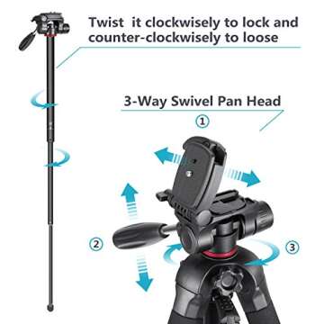 NEEWER Portable Aluminum Alloy Camera 2 in 1 Tripod Monopod Max. 70"/177cm with 3 Way Swivel Pan Head and Carrying Bag for DSLR, DV Video Camcorder (SAB264, Red)