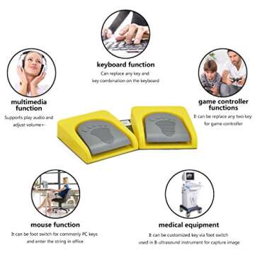 iKKEGOL USB Double 2 Foot Switch Control Pedal Video Game Customized PC Keyboard Multimedia Key Free Drive HID for Push to Talk Yellow