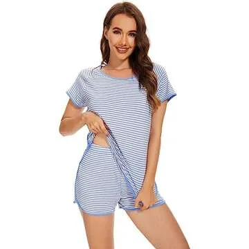 WiWi Pajamas Set for Women Soft Stripe Short Sleeve Top and Shorts Sets Ladies 2 Pieces Summer Sleepwear Pjs S-XXL, Blue Stripe, X-Large