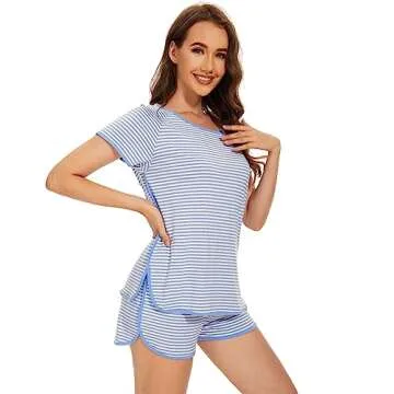 WiWi Pajamas Set for Women Soft Stripe Short Sleeve Top and Shorts Sets Ladies 2 Pieces Summer Sleepwear Pjs S-XXL, Blue Stripe, X-Large