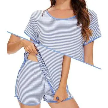 WiWi Pajamas Set for Women Soft Stripe Short Sleeve Top and Shorts Sets Ladies 2 Pieces Summer Sleepwear Pjs S-XXL, Blue Stripe, X-Large