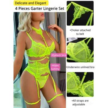Kaei&Shi Garter Lingerie Set For Women, Sexy Floral Lace, Strappy High Waisted Hide Belly, 4 Piece W...