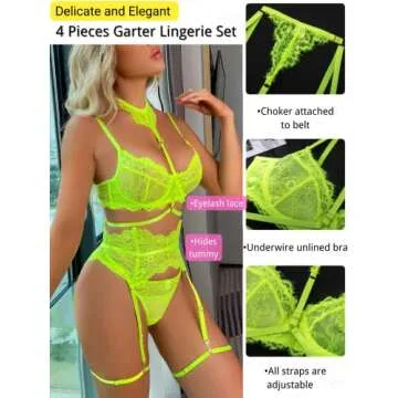 Kaei&Shi Garter Lingerie Set For Women, Sexy Floral Lace, Strappy High Waisted Hide Belly, 4 Piece W...