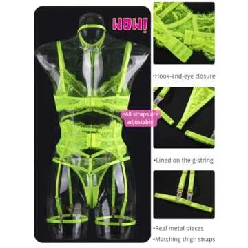 Kaei&Shi Garter Lingerie Set For Women, Sexy Floral Lace, Strappy High Waisted Hide Belly, 4 Piece With Exotic Choker Belt,Neon Green,Small