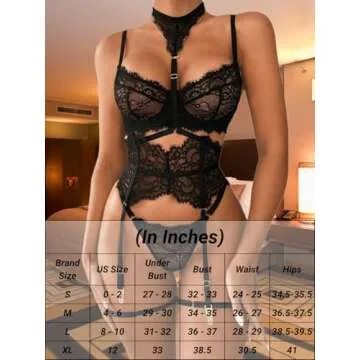 Kaei&Shi Garter Lingerie Set For Women, Sexy Floral Lace, Strappy High Waisted Hide Belly, 4 Piece With Exotic Choker Belt,Neon Green,Small