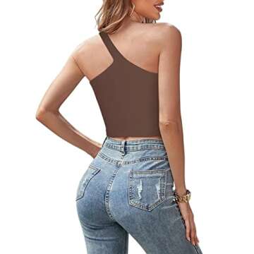 REORIA Summer Sexy Casual One Shoulder Double Lined Seamless Backless Sleeveless Cropped Tank Going Out Trendy Cute Crop Tops Coffee Large