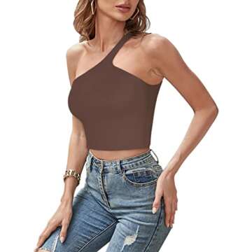 REORIA Summer Sexy Casual One Shoulder Double Lined Seamless Backless Sleeveless Cropped Tank Going Out Trendy Cute Crop Tops Coffee Large