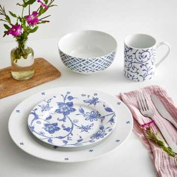 Portmeirion Home Blue Indigo Dinnerware Set | 16 Piece Dish Set with Blue and White Floral Design | Service for 4 | Made from Porcelain | Microwave and Dishwasher Safe
