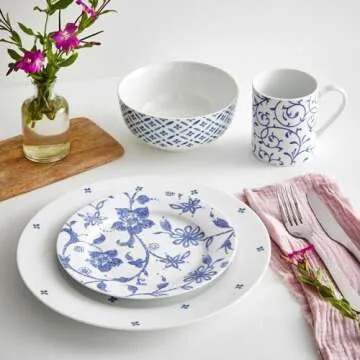 Portmeirion Home Blue Indigo Dinnerware Set | 16 Piece Dish Set with Blue and White Floral Design | Service for 4 | Made from Porcelain | Microwave and Dishwasher Safe