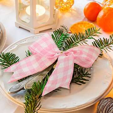 WILLBOND 12 Pieces Buffalo Plaid Bows Decorative Bows for Wreaths for Easter, Saint Patrick's Day Tree Party Indoor Outdoor Home Decoration(Pink and White, 6 x 6 Inch)