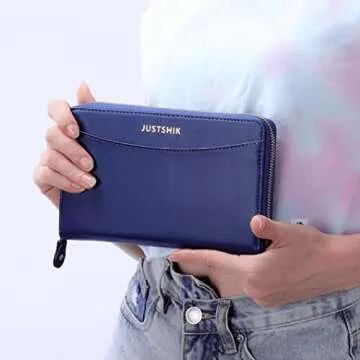 JUSTSHIK Cash Envelope Wallet All In One Envelope System With 12 Budget Envelopes, PU Leather Budget Wallet For Budget Binder,Dave Ramsey Envelope System Wallet (Blue)