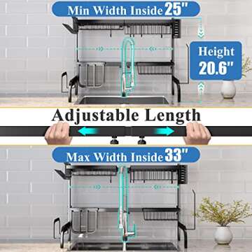Over The Sink Dish Drying Rack, Adjustable (25.5 to 33.5 inch) 2 Tier Metal Steel Dish Drying Racks for Kitchen Counter with Hooks Paper Towel Utensil Cup Holder Sink Caddy (Black)
