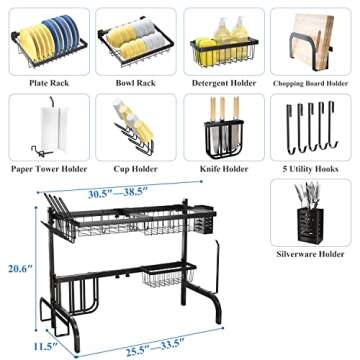 Over The Sink Dish Drying Rack, Adjustable (25.5 to 33.5 inch) 2 Tier Metal Steel Dish Drying Racks for Kitchen Counter with Hooks Paper Towel Utensil Cup Holder Sink Caddy (Black)