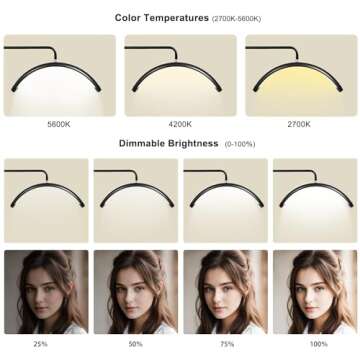 ebrlaxin Half Moon Light - LED Lash Lamp for Eyelash Extensions for Tattoo Artists, Nail Tech, Esthetician - Cool, Warm Lamp with Adjustable Brightness & Height - with Phone Holder (Matte Black)