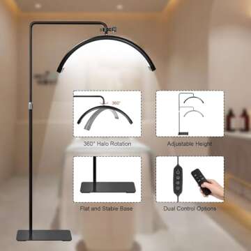 ebrlaxin Half Moon Light - LED Lash Lamp for Eyelash Extensions for Tattoo Artists, Nail Tech, Esthetician - Cool, Warm Lamp with Adjustable Brightness & Height - with Phone Holder (Matte Black)