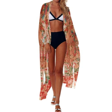 Bsubseach Women Long Sleeve Open Front Beachwear Print Loose Swimsuit Cover Up Swimwear Kimono Cardi...