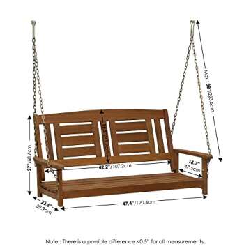 Furinno Tioman Hardwood Patio / Garden / Outdoor 4ft Porch Swing, 2 Seater with Hanging Chains, Natu...