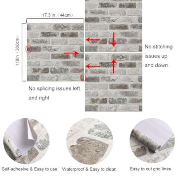 Guvana 17.3"×118" Brick Peel and Stick Wallpaper Brick Wallpaper Grey Brown 3D Brick Self Adhesive Wallpaper Removable Contact Paper Brick Textured Vintage Wallpaper Decorative Wall Classroom Covering