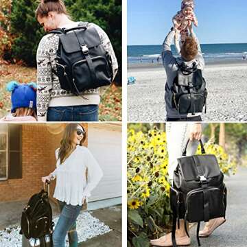 MOMINSIDE Diaper Bag Backpack with 14 Pockets, Leather Baby Bag, Large Capacity, Baby Registry, 4 Insulated Pockets, Wet Dry Bag, Changing Pad, Stroller Straps (Black)