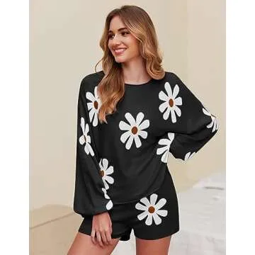 Ekouaer Knit Pajamas Set for Women Lounge Sets 2 Piece Long Sleeve Top and Shorts Pj Soft Sleepwear Cute Sweater Outfits Floral Black S