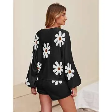Ekouaer Knit Pajamas Set for Women Lounge Sets 2 Piece Long Sleeve Top and Shorts Pj Soft Sleepwear Cute Sweater Outfits Floral Black S