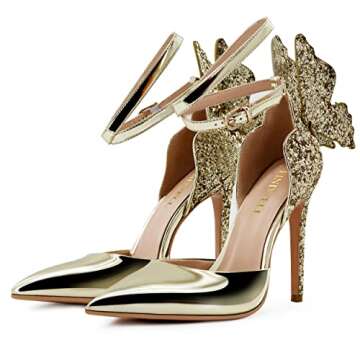 FINDVELL Elegant Gold High Heels with Butterfly Design | Perfect for Occasions