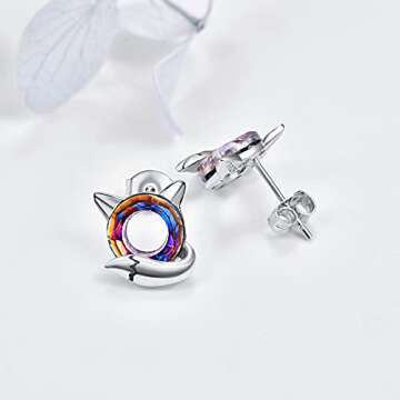KINGWHYTE Fox Earrings 925 Sterling Silver Animals Earrings Cute Crystal Fox Stud Earrings Hypoaller...
