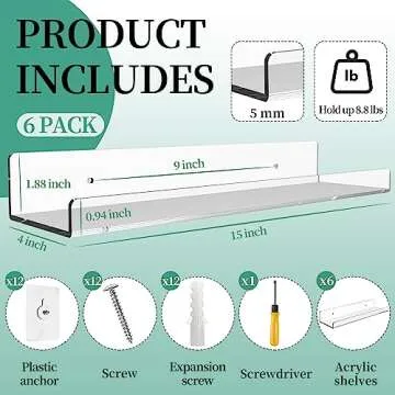 BTSD-home 6 Pack 15'' Clear Acrylic Shelves for Wall, Acrylic Wall Shelves Invisible Mounted Display Ledge Kids Bookshelf for Bathroom, Living Room, Bedroom, Kitchen, Study
