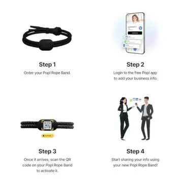 Popl Rope Band - Digital Business Card Bracelet Wearable - Tap to Share NFC & QR Code - iPhone & Android (Black Rope Style)