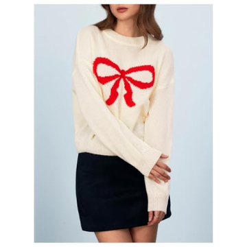 MakeMeChic Women's Bow Print Long Sleeve Sweater