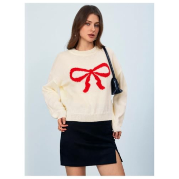 MakeMeChic Women's Bow Print Long Sleeve Sweater