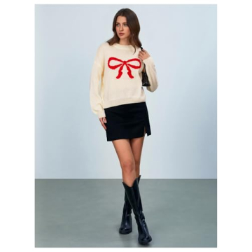 MakeMeChic Women's Bow Print Long Sleeve Sweater