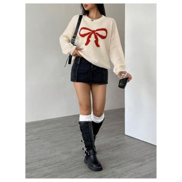 MakeMeChic Women's Bow Print Long Sleeve Sweater