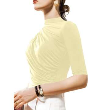 Avanova Women's Mock Neck Half Sleeve Slim Fit T-Shirts Ruched Dressy Tops Casual Summer Tee Beige Small