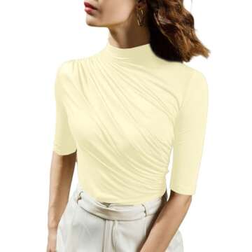Avanova Women's Mock Neck Half Sleeve Slim Fit T-Shirts Ruched Dressy Tops Casual Summer Tee Beige Small
