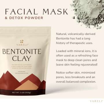 YARELI Bentonite Clay Powder Facial Mask & Detox Bath, Pure Indian Healing Clay, 2lb (32oz)