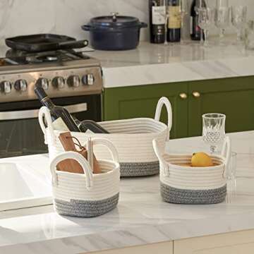 LA JOLIE MUSE Storage Basket Set of 3, White and Gray Cotton Rope Basket of Organizing for Bedroom Bathroom Home Storage, Small Soft Woven Organizer Baskets with Handles