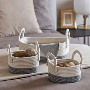 LA JOLIE MUSE Storage Basket Set of 3, White and Gray Cotton Rope Basket of Organizing for Bedroom Bathroom Home Storage, Small Soft Woven Organizer Baskets with Handles