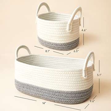 LA JOLIE MUSE Storage Basket Set of 3, White and Gray Cotton Rope Basket of Organizing for Bedroom Bathroom Home Storage, Small Soft Woven Organizer Baskets with Handles