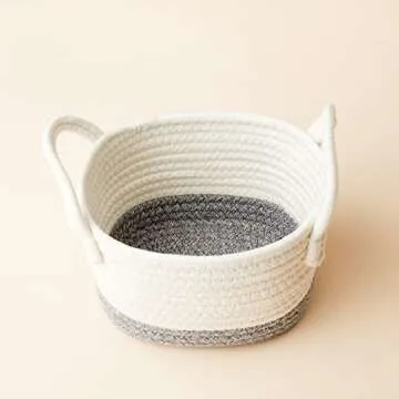 LA JOLIE MUSE Storage Basket Set of 3, White and Gray Cotton Rope Basket of Organizing for Bedroom Bathroom Home Storage, Small Soft Woven Organizer Baskets with Handles