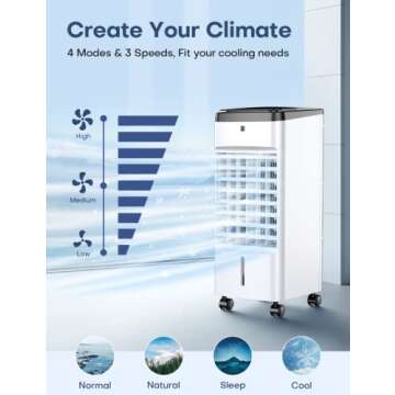 SKYICE Evaporative Air Cooler, 3-IN-1 70° Oscillation Air Conditioner Portable for Room w/ 4 Modes & 3 Speed, 12H Timer, 1 Gal Detachable Water Tank, 4 Ice Packs, Remote for Bedroom Indoor