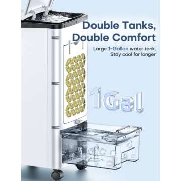 SKYICE Evaporative Air Cooler, 3-IN-1 70° Oscillation Air Conditioner Portable for Room w/ 4 Modes & 3 Speed, 12H Timer, 1 Gal Detachable Water Tank, 4 Ice Packs, Remote for Bedroom Indoor