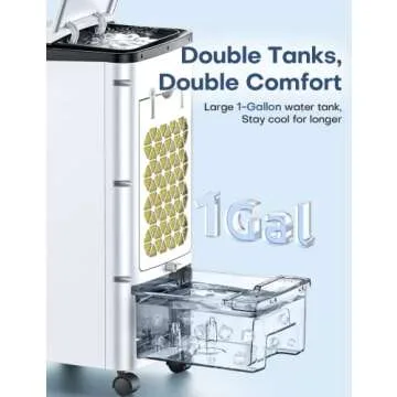 SKYICE Evaporative Air Cooler, 3-IN-1 70° Oscillation Air Conditioner Portable for Room w/ 4 Modes & 3 Speed, 12H Timer, 1 Gal Detachable Water Tank, 4 Ice Packs, Remote for Bedroom Indoor