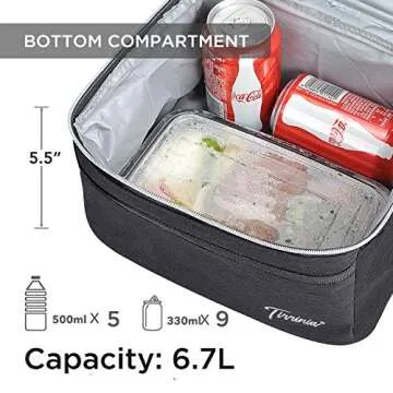 Tirrinia Insulated Lunch Bag for Women Men, Leakproof Thermal Bento Lunch Box, 2-Compartment Lunch Cooler for Adults Work, Office, Soft& Durable Lunch Tote 9”x7” inch, Black